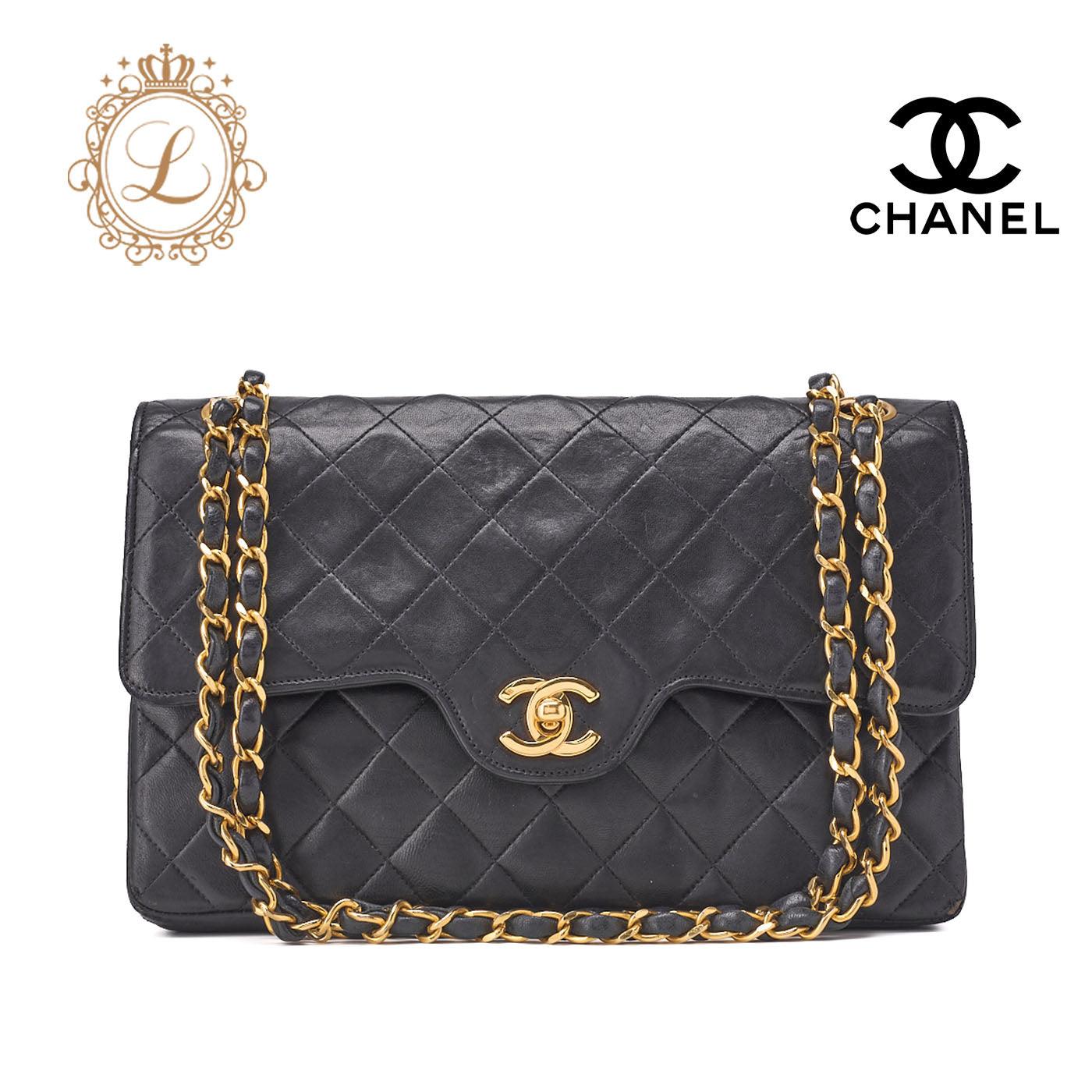 CHANEL Shoulder Bag, Matelasse Double Flap, Lambskin, Black, Gold-Tone Hardware, Pre-Owned - Vintage La Charme