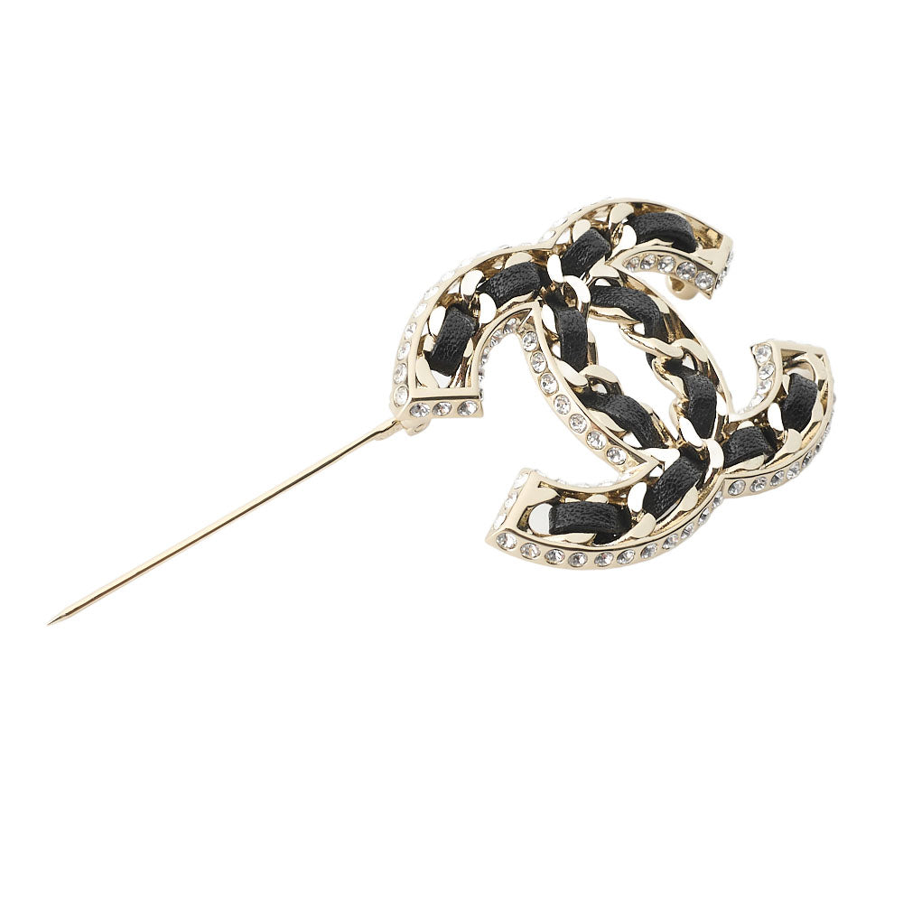 CHANEL Brooch, Coco Mark, Leather, Gold, Gold-Tone Hardware, Pre-Owned - Vintage La Charme