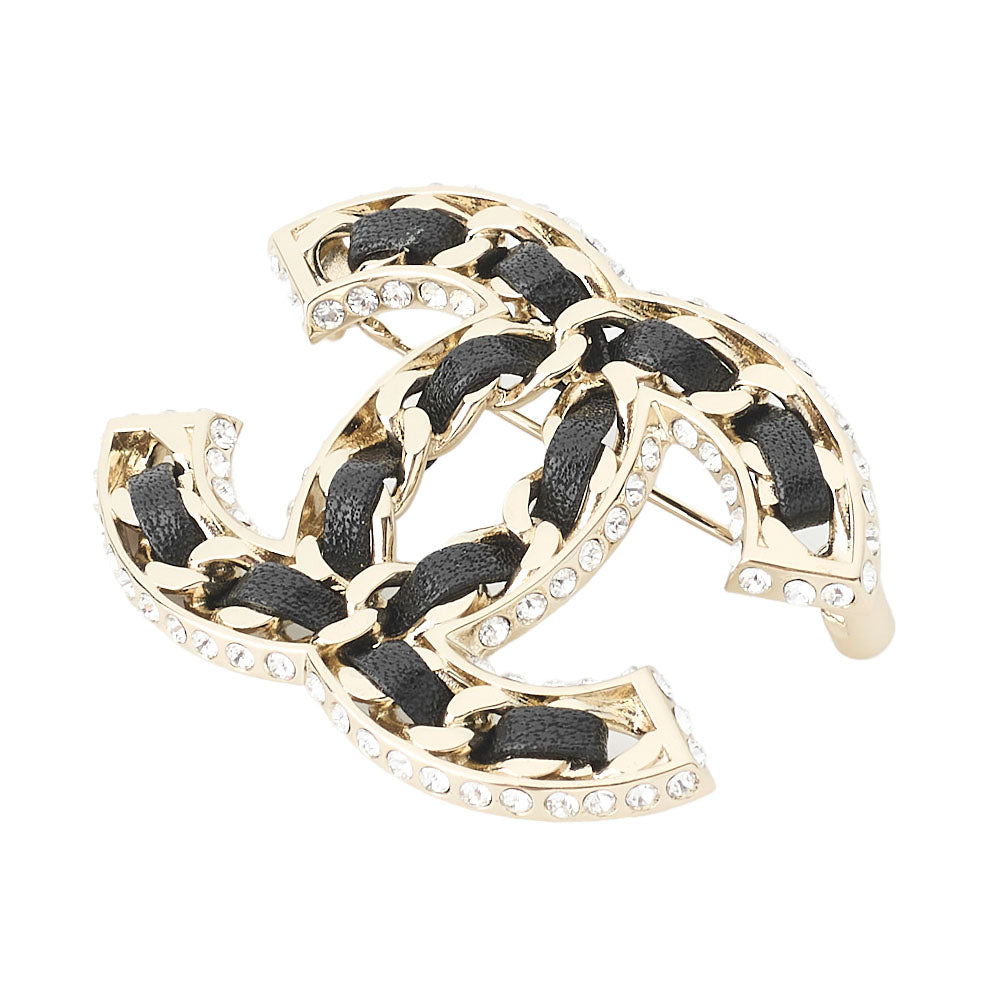 CHANEL Brooch, Coco Mark, Leather, Gold, Gold-Tone Hardware, Pre-Owned - Vintage La Charme