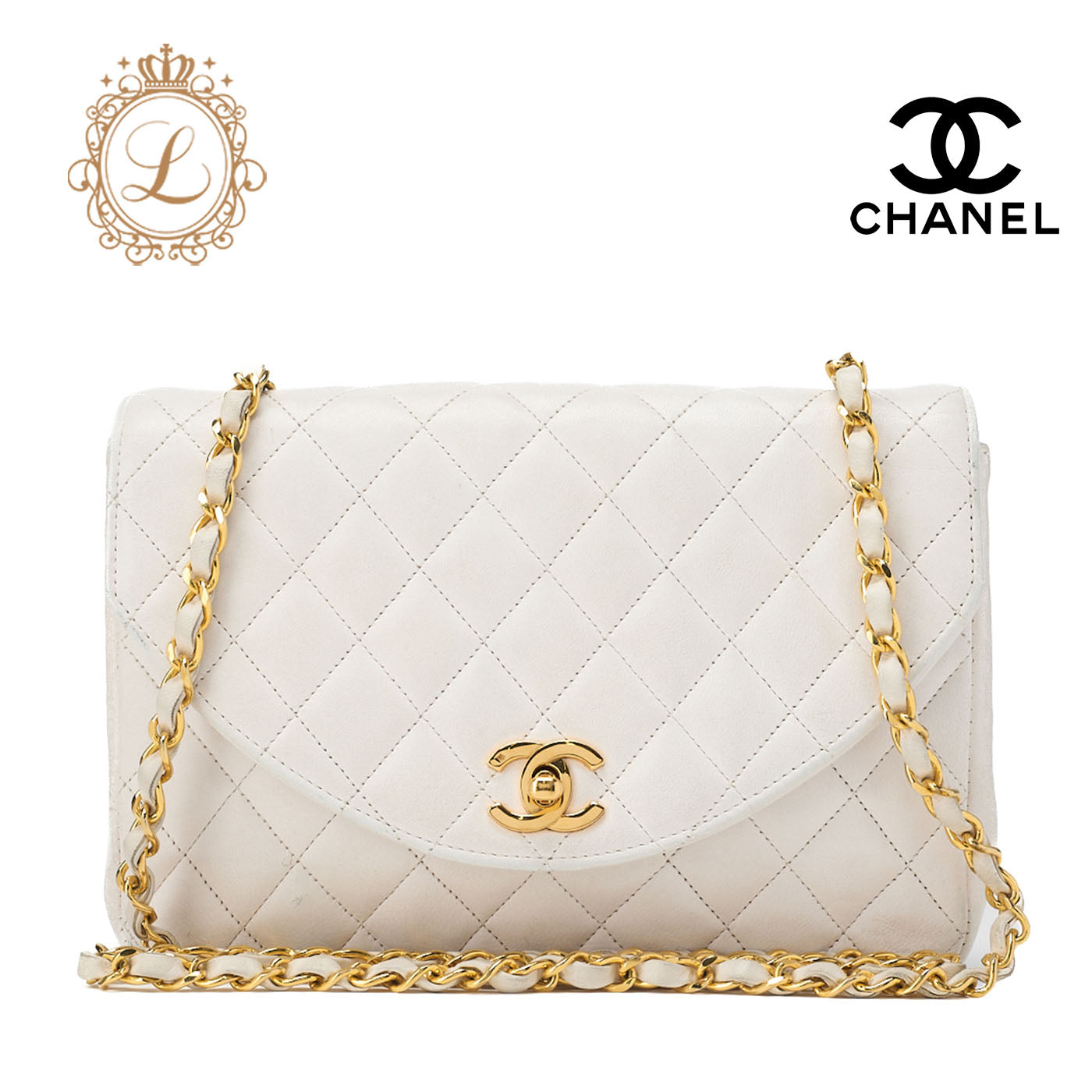 CHANEL Shoulder Bag, Chain Shoulder, Matelasse, Lambskin, White, Gold-Tone Hardware, Pre-Owned - Vintage La Charme