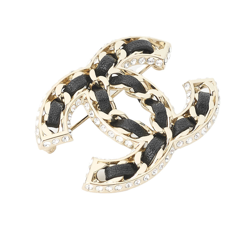 CHANEL Brooch, Coco Mark, Leather, Gold, Gold-Tone Hardware, Pre-Owned - Vintage La Charme