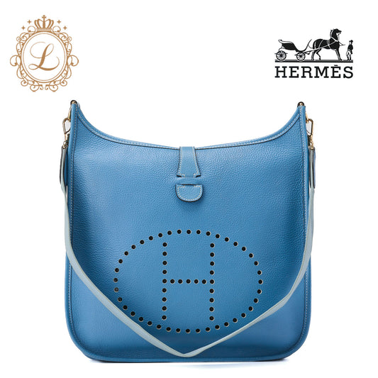 HERMES Evelyn PM Shoulder Bag Tryon Clemence Blue Jean Gold-Tone Hardware Pre-Owned - Vintage La Charme