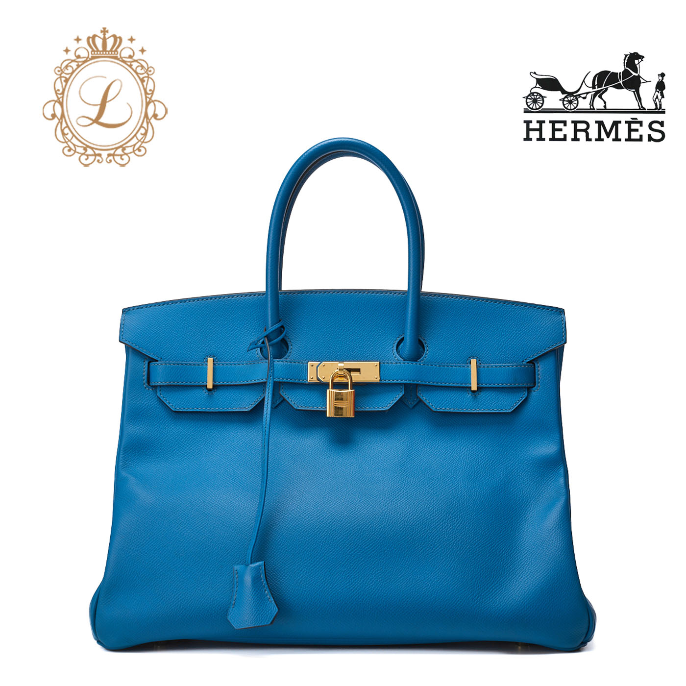 HERMES Birkin 35 Handbag Vo Epson Leather Blue Ismir Gold-Tone Hardware Pre-Owned - Vintage La Charme
