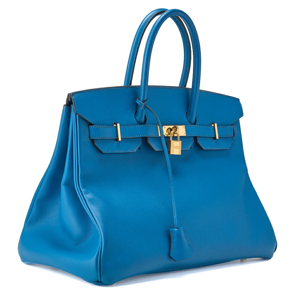 HERMES Birkin 35 Handbag Vo Epson Leather Blue Ismir Gold-Tone Hardware Pre-Owned - Vintage La Charme
