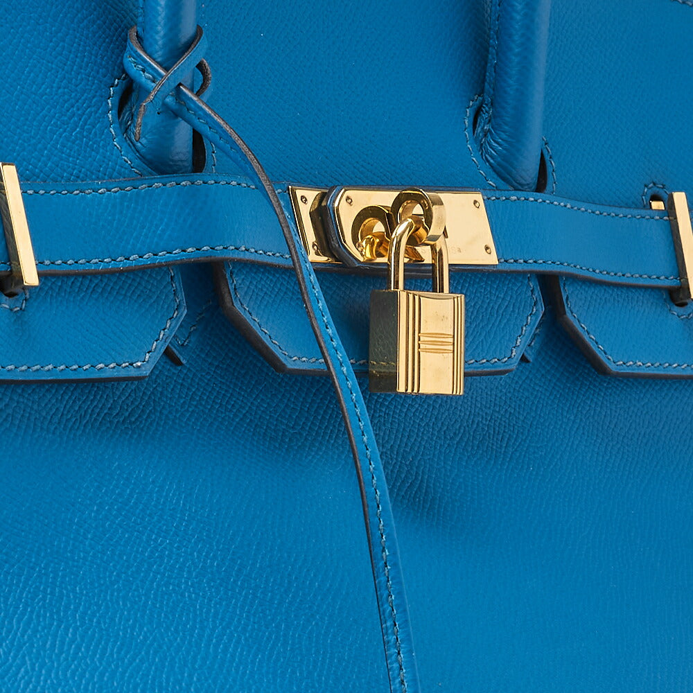HERMES Birkin 35 Handbag Vo Epson Leather Blue Ismir Gold-Tone Hardware Pre-Owned - Vintage La Charme