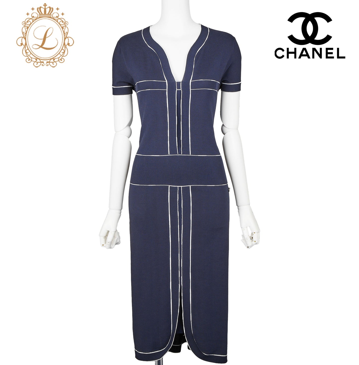 CHANEL One Piece Dress, Bicolor, Cotton, Navy, Gold-Tone Hardware, Pre-Owned - Vintage La Charme