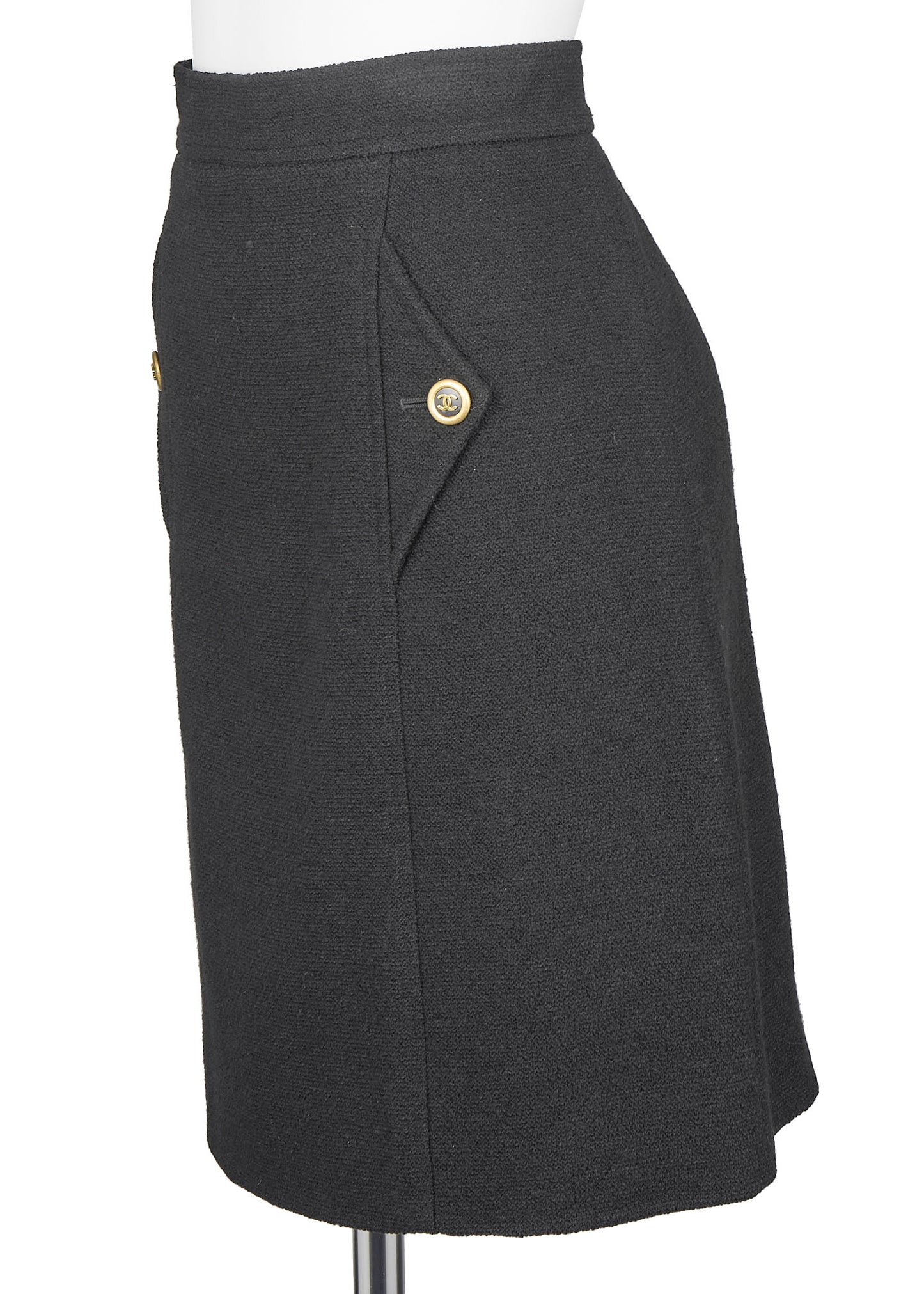 CHANEL Skirt Bottoms Coco Button, Wool Blend, Black, Silver-Tone Hardware, Pre-Owned - Vintage La Charme