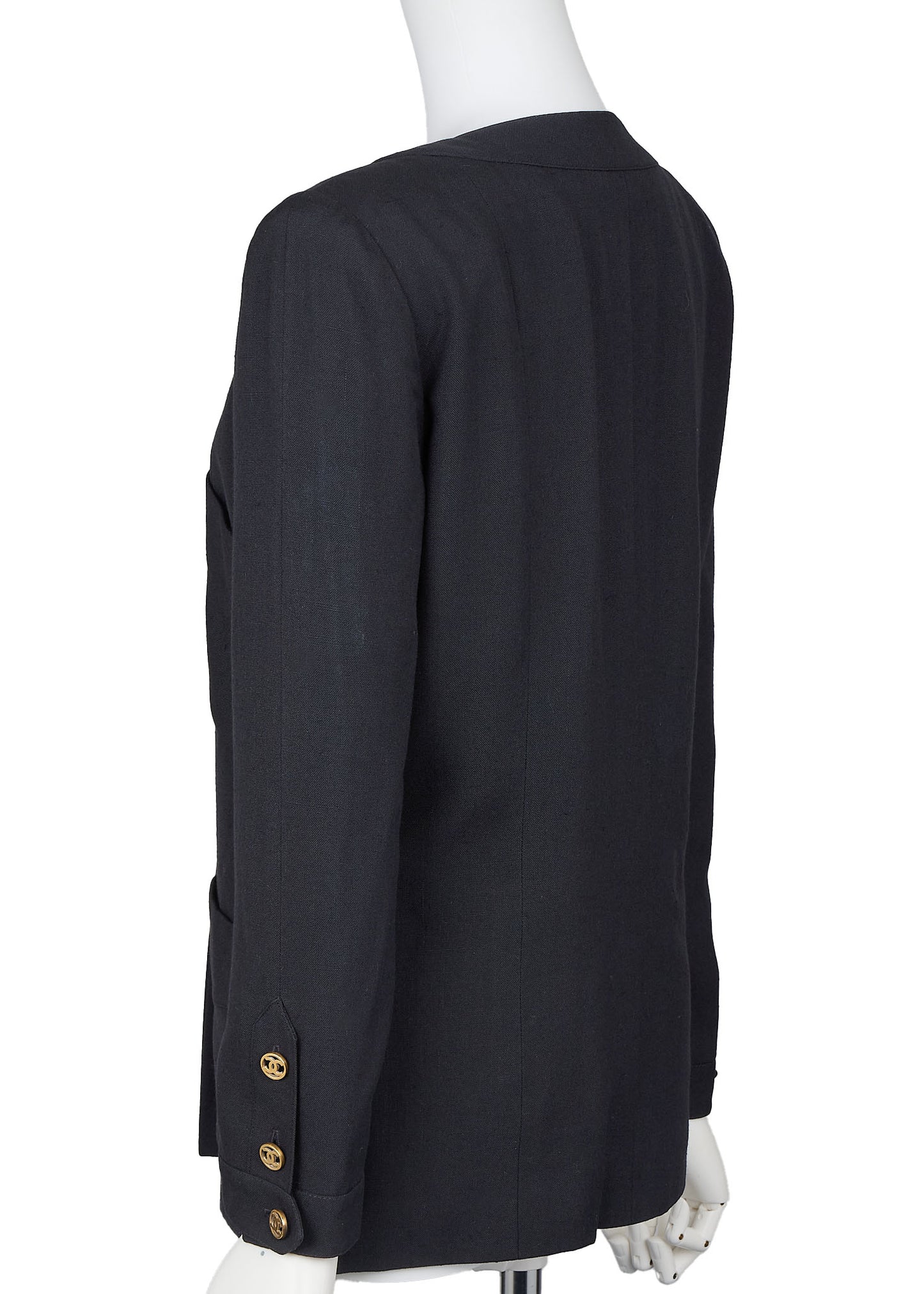 CHANEL Collarless Jacket, Outerwear Coat, Long Sleeve, Linen, Black, Gold-Tone Hardware, Pre-Owned - Vintage La Charme