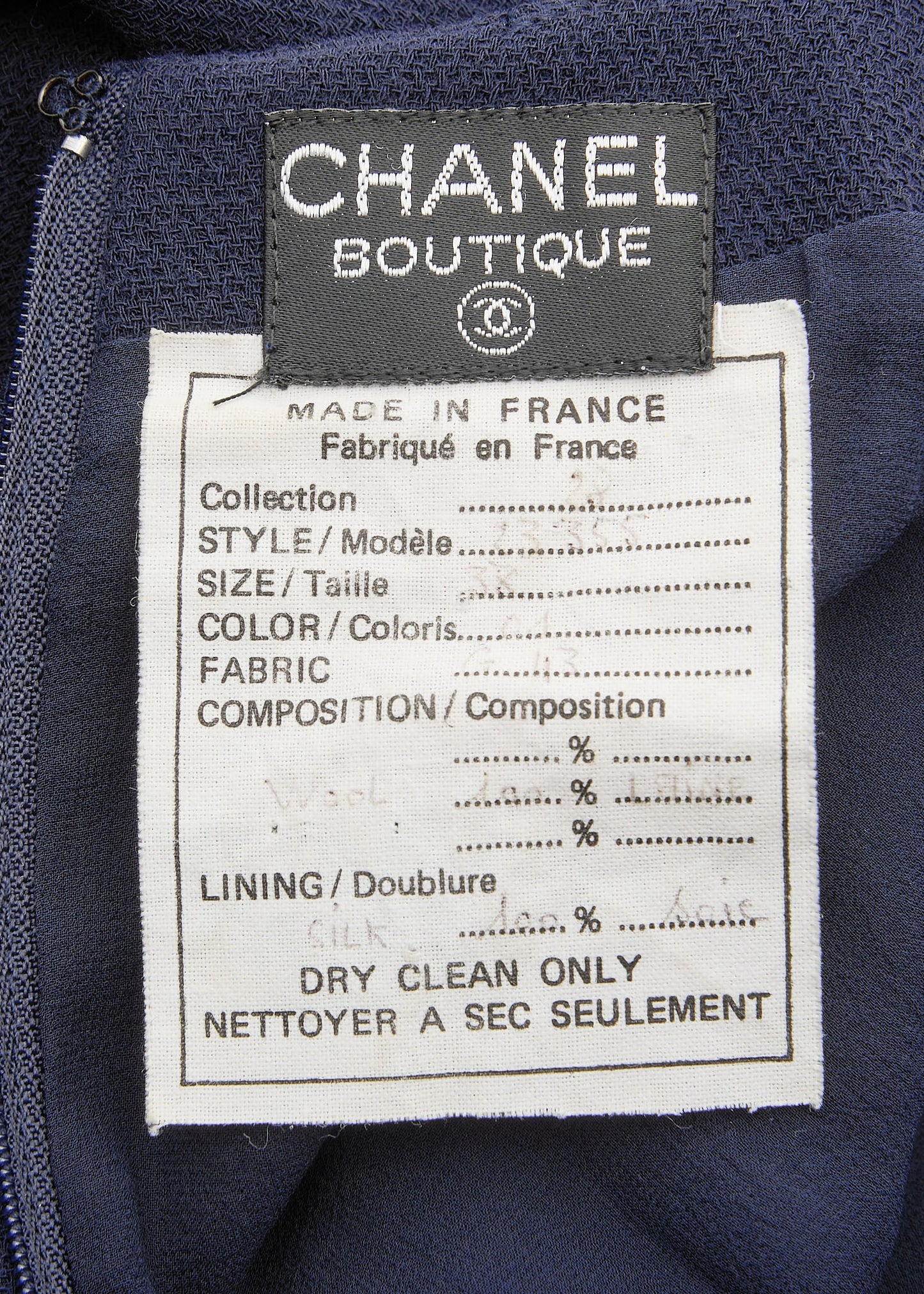 CHANEL Dress, Coco Button Pleated, Wool, Navy, Gold-Tone Hardware, Pre-Owned - Vintage La Charme