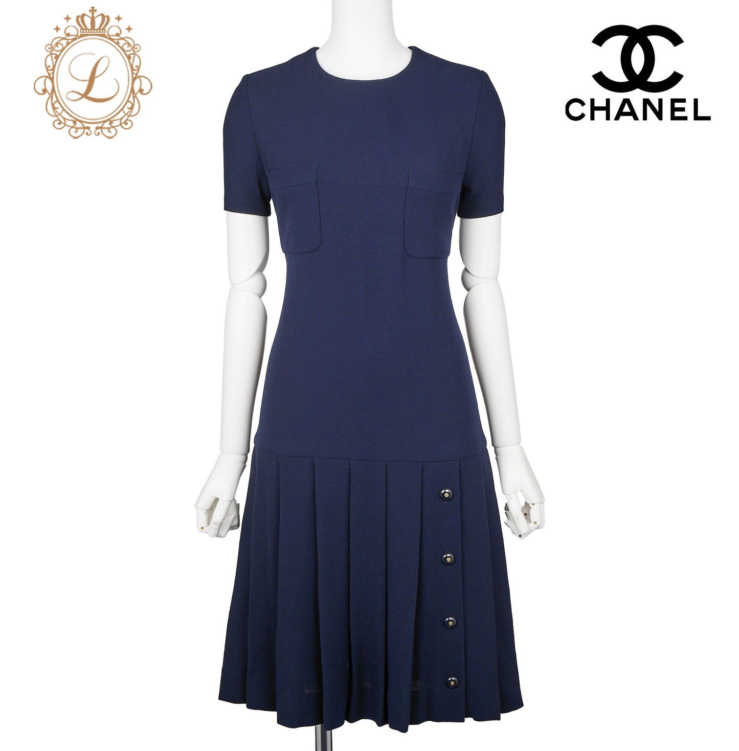 CHANEL Dress, Coco Button Pleated, Wool, Navy, Gold-Tone Hardware, Pre-Owned - Vintage La Charme