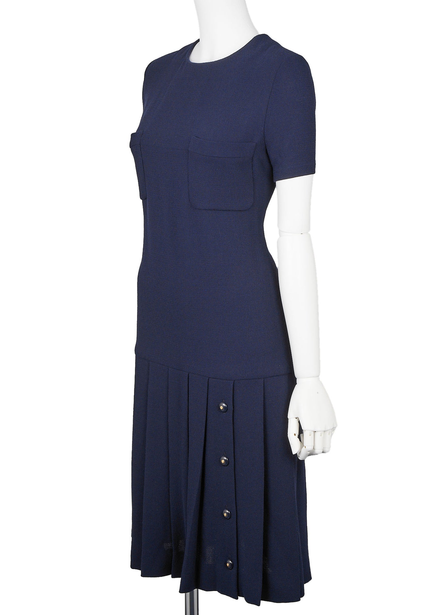 CHANEL Dress, Coco Button Pleated, Wool, Navy, Gold-Tone Hardware, Pre-Owned - Vintage La Charme