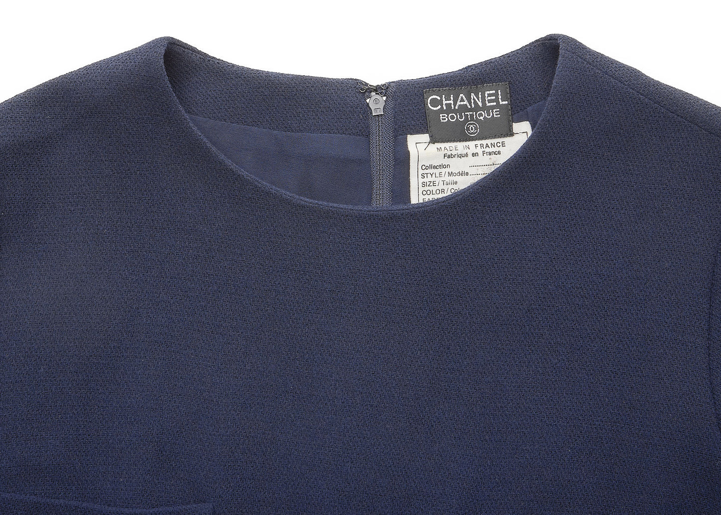 CHANEL Dress, Coco Button Pleated, Wool, Navy, Gold-Tone Hardware, Pre-Owned - Vintage La Charme