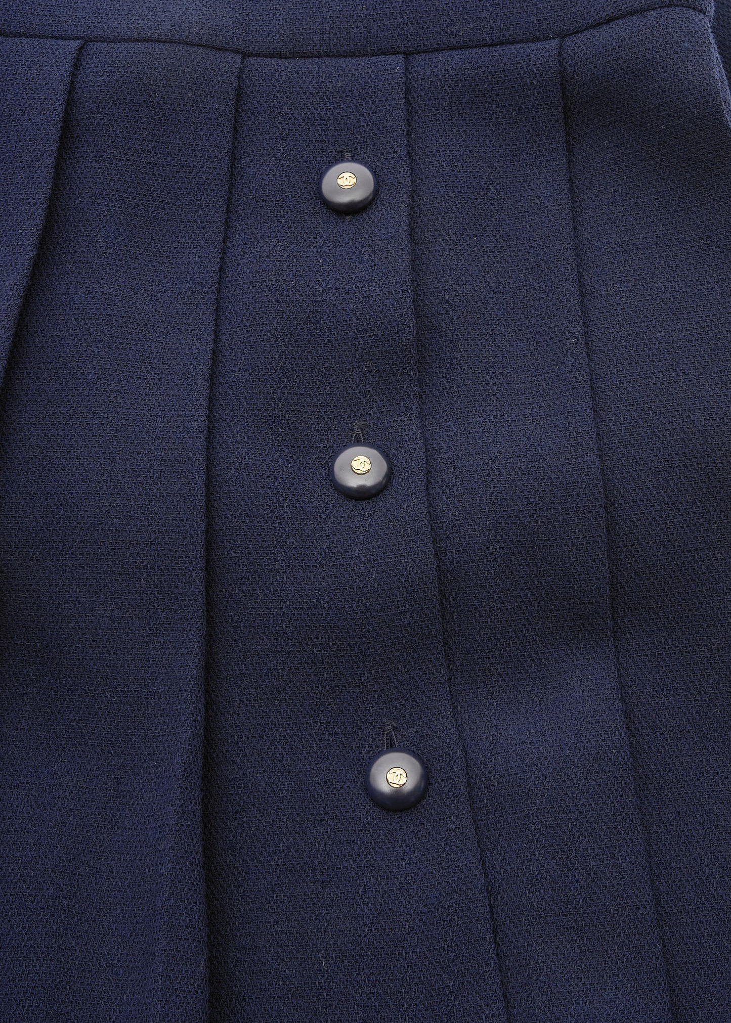 CHANEL Dress, Coco Button Pleated, Wool, Navy, Gold-Tone Hardware, Pre-Owned - Vintage La Charme