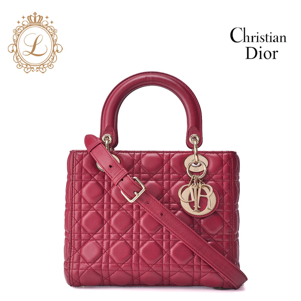 Dior Lady Dior Cannage 2WAY Handbag Lambskin Bordeaux Gold-Tone Hardware Pre-Owned - Vintage La Charme