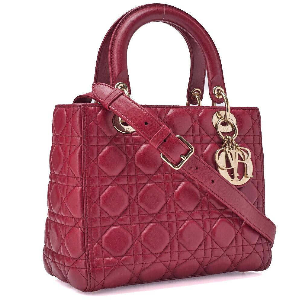 Dior Lady Dior Cannage 2WAY Handbag Lambskin Bordeaux Gold-Tone Hardware Pre-Owned - Vintage La Charme