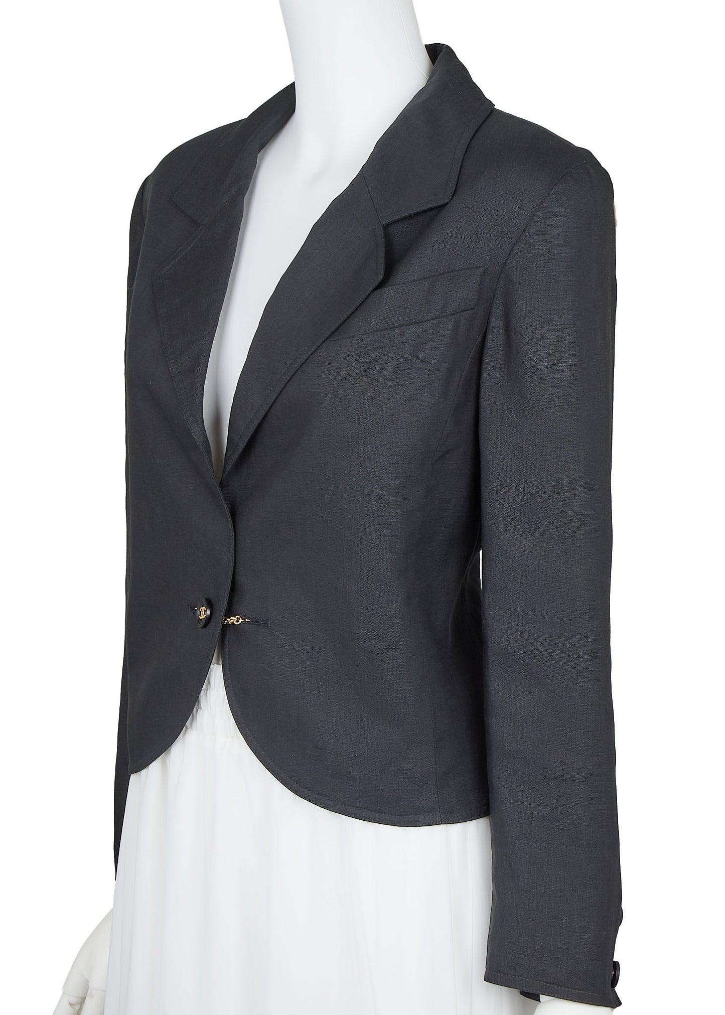 CHANEL Cropped Jacket, Coco Button, Linen, Black, Silver-Tone Hardware, Pre-Owned - Vintage La Charme