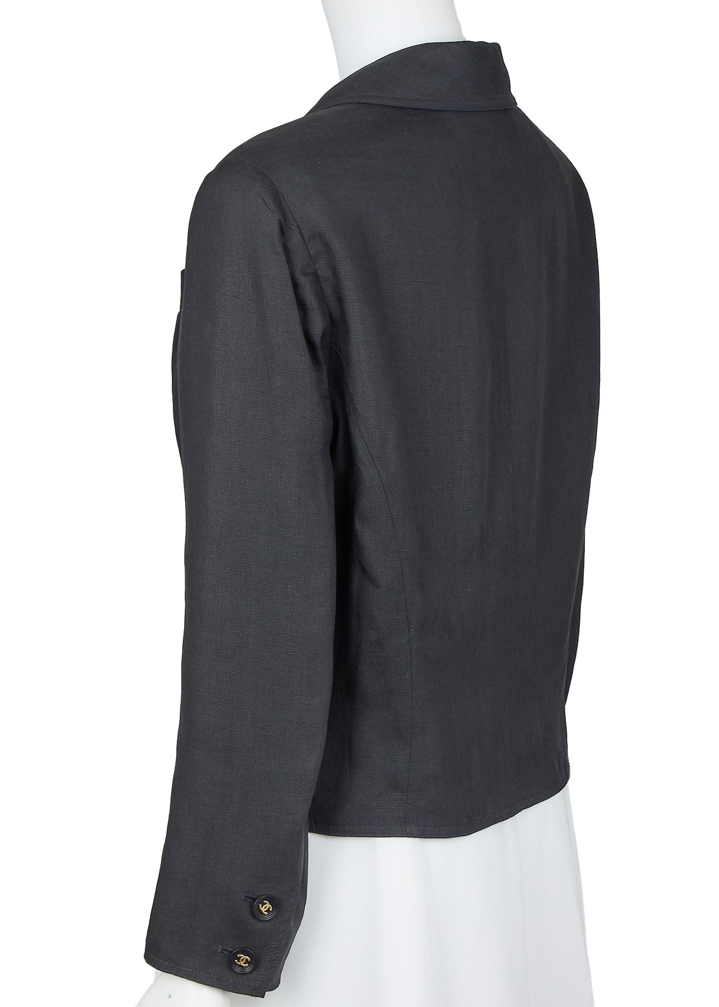 CHANEL Cropped Jacket, Coco Button, Linen, Black, Silver-Tone Hardware, Pre-Owned - Vintage La Charme