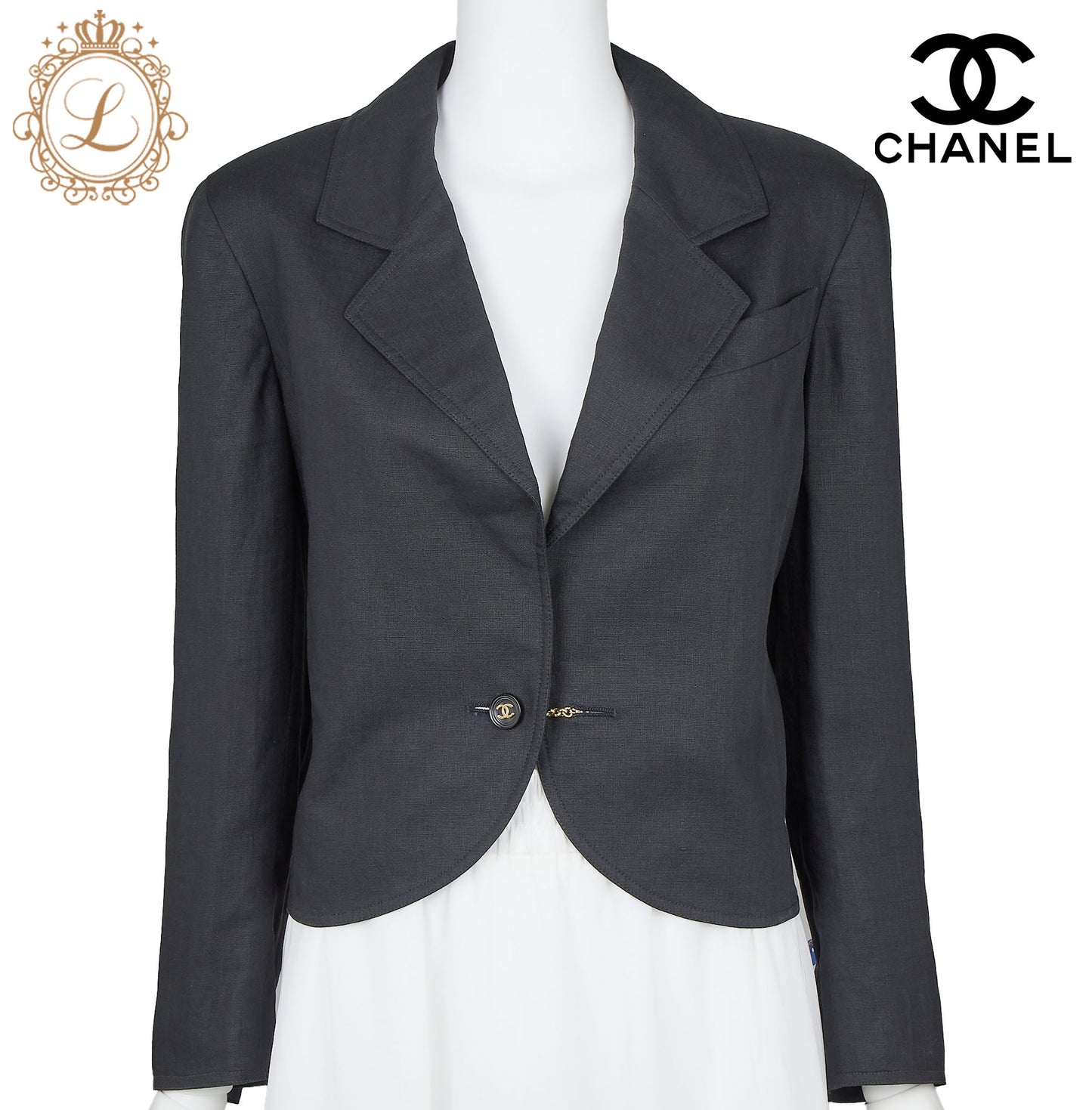 CHANEL Cropped Jacket, Coco Button, Linen, Black, Silver-Tone Hardware, Pre-Owned - Vintage La Charme