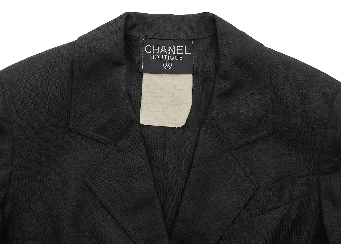 CHANEL Cropped Jacket, Coco Button, Linen, Black, Silver-Tone Hardware, Pre-Owned - Vintage La Charme