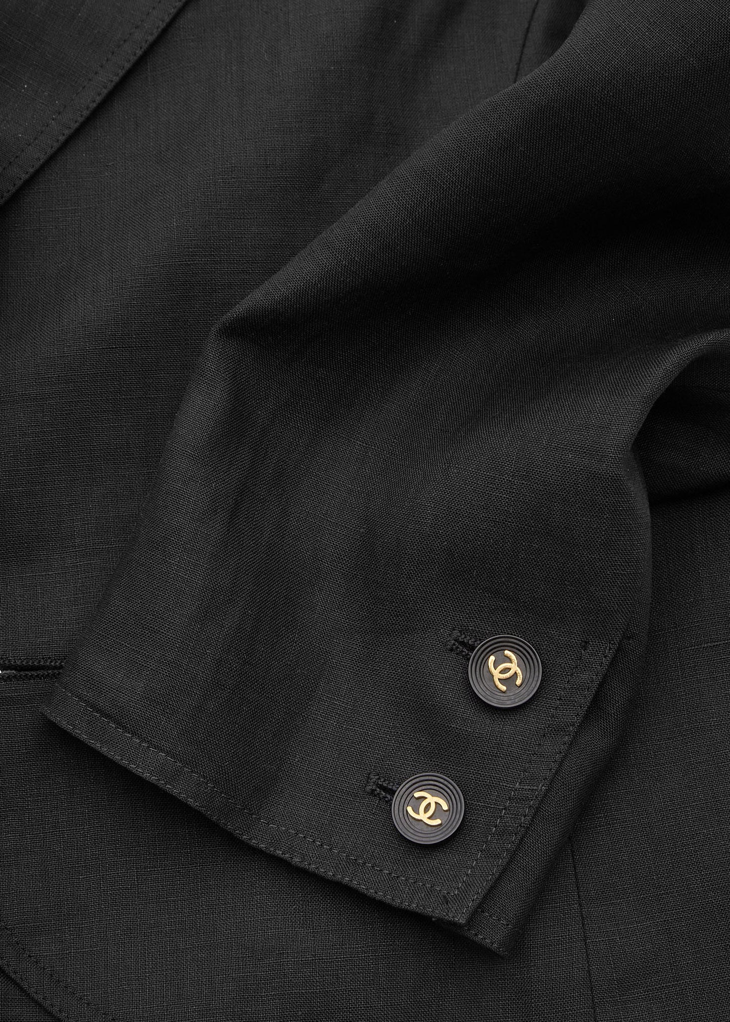 CHANEL Cropped Jacket, Coco Button, Linen, Black, Silver-Tone Hardware, Pre-Owned - Vintage La Charme