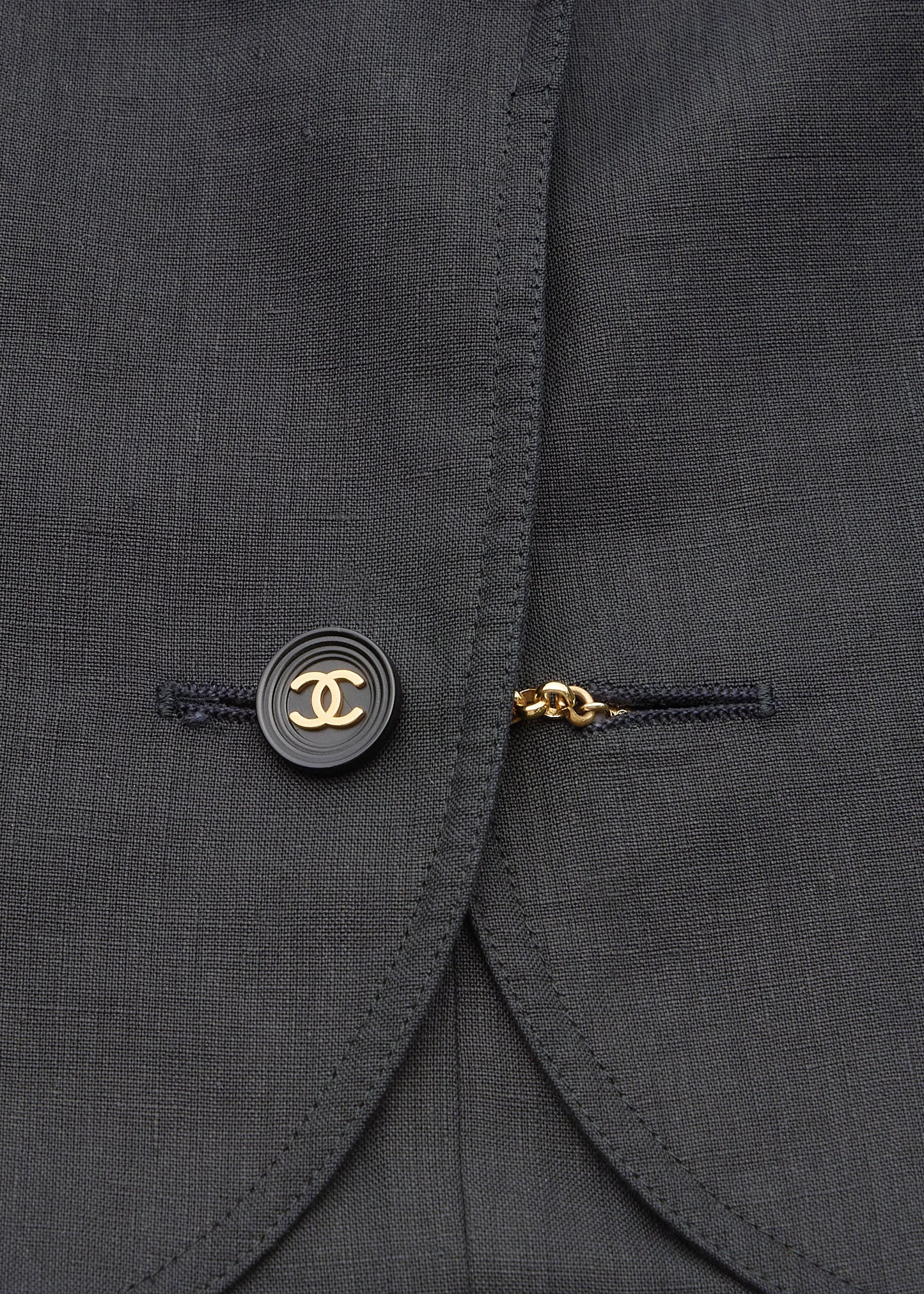 CHANEL Cropped Jacket, Coco Button, Linen, Black, Silver-Tone Hardware, Pre-Owned - Vintage La Charme