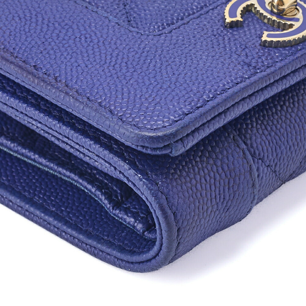 CHANEL Compact Wallet, Matelasse, Tri-Fold, Caviar Skin, Blue, Gold-Tone Hardware, Pre-Owned - Vintage La Charme