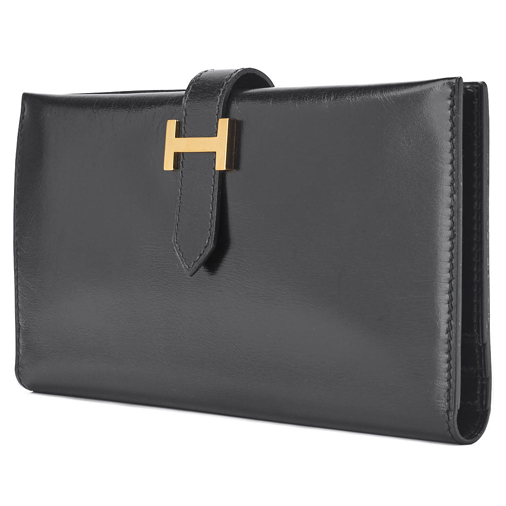 HERMES Bearn Soufflet Two-Fold Long Wallet Box Calf Black Gold-Tone Hardware Pre-Owned - Vintage La Charme
