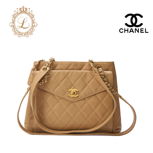 CHANEL Chain Shoulder Tote Bag Outside Flap Caviar Skin Beige Gold-Tone Hardware Pre-Owned - Vintage La Charme