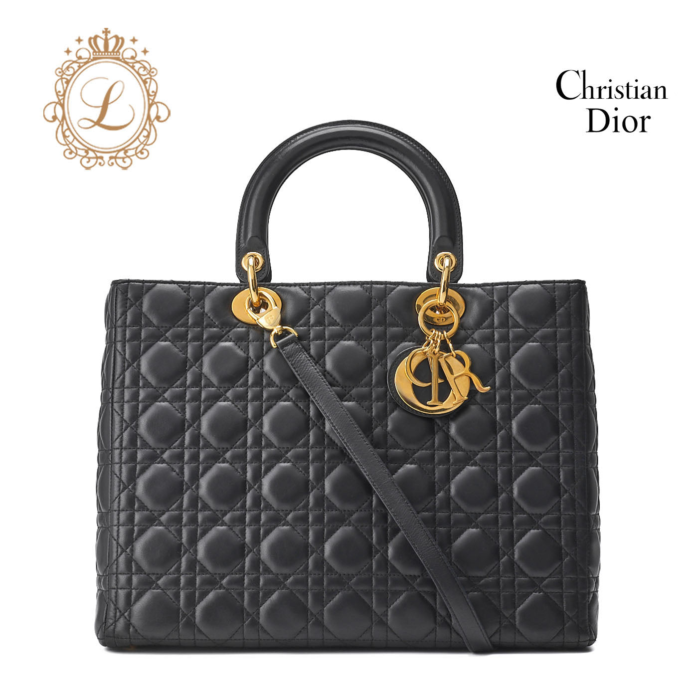 Dior Lady Dior Cannage 2WAY Handbag Lambskin Black Gold-Tone Hardware Pre-Owned - Vintage La Charme