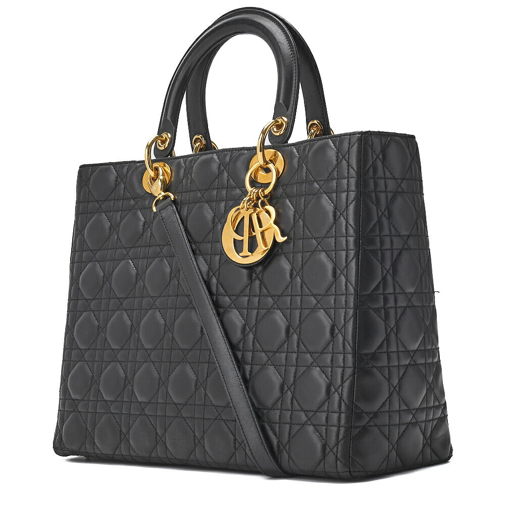 Dior Lady Dior Cannage 2WAY Handbag Lambskin Black Gold-Tone Hardware Pre-Owned - Vintage La Charme