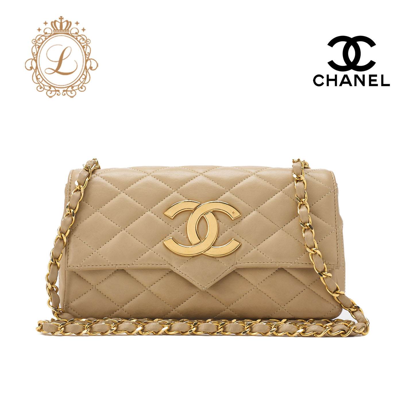CHANEL Shoulder Bag, Matelasse, Coco Push Lock, Lambskin, Beige, Gold-Tone Hardware, Pre-Owned - Vintage La Charme