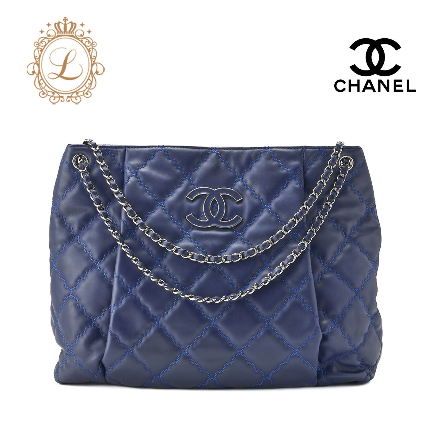 CHANEL Chain Shoulder Bag Matelasse Wild Stitch Deca Coco Lambskin Navy Silver-Tone Hardware Pre-Owned - Vintage La Charme