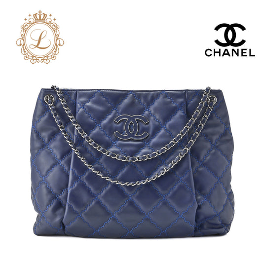 CHANEL Chain Shoulder Bag Matelasse Wild Stitch Deca Coco Lambskin Navy Silver-Tone Hardware Pre-Owned - Vintage La Charme