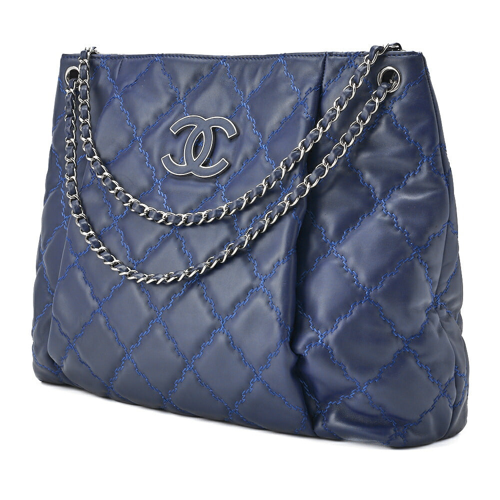 CHANEL Chain Shoulder Bag Matelasse Wild Stitch Deca Coco Lambskin Navy Silver-Tone Hardware Pre-Owned - Vintage La Charme