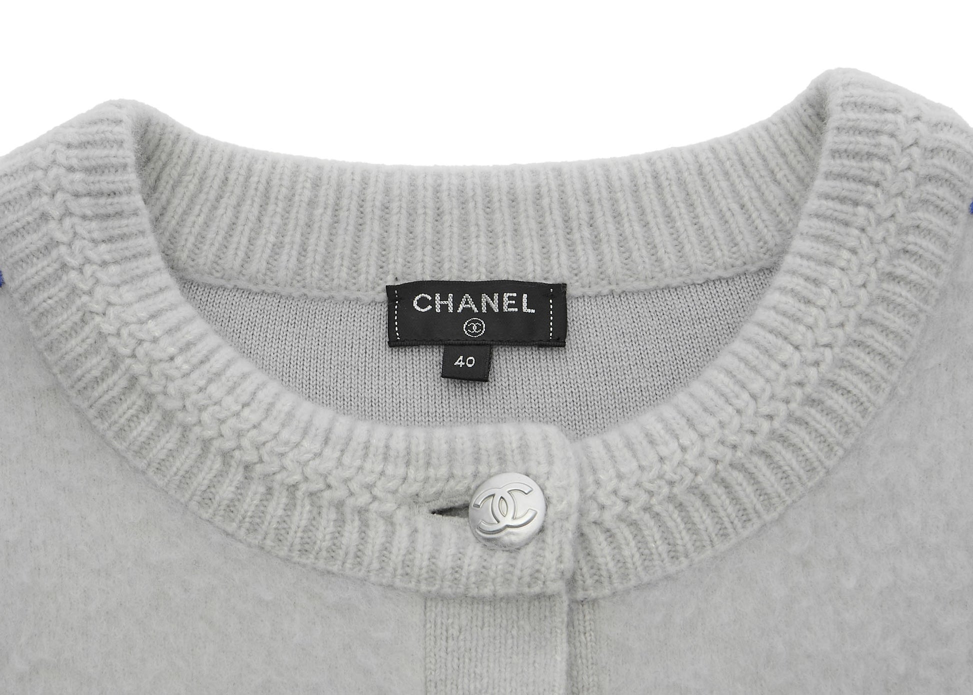 CHANEL Cardigan, Coco Button, Knit, Cashmere Blend, Grey, Silver-Tone Hardware, Pre-Owned - Vintage La Charme