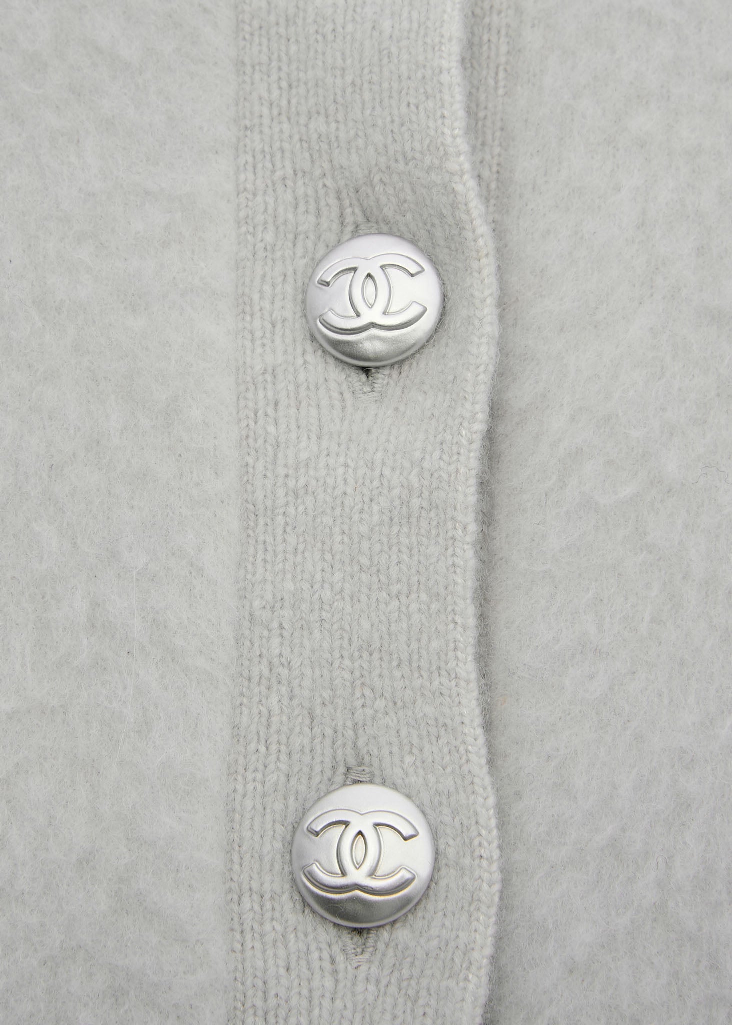 CHANEL Cardigan, Coco Button, Knit, Cashmere Blend, Grey, Silver-Tone Hardware, Pre-Owned - Vintage La Charme
