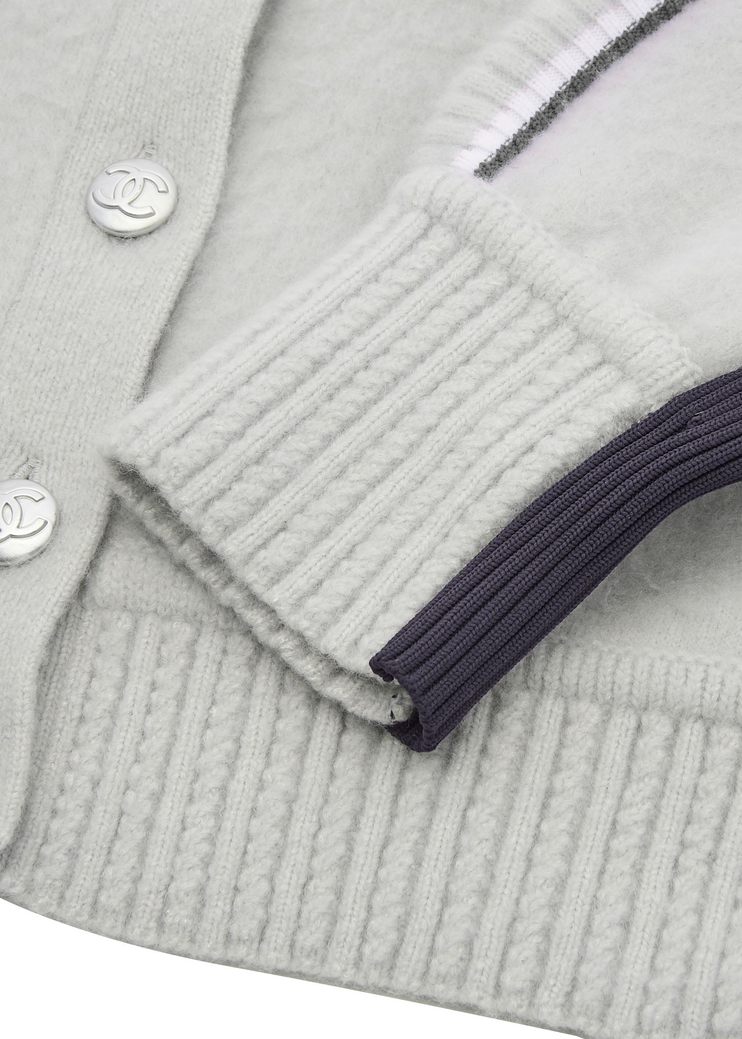 CHANEL Cardigan, Coco Button, Knit, Cashmere Blend, Grey, Silver-Tone Hardware, Pre-Owned - Vintage La Charme