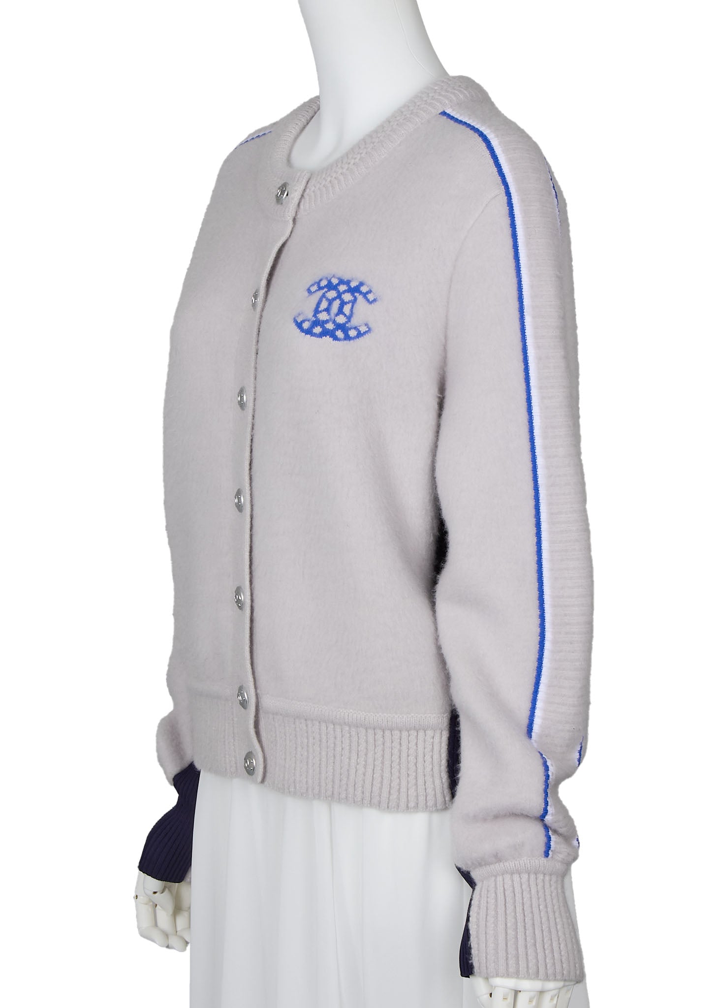 CHANEL Cardigan, Coco Button, Knit, Cashmere Blend, Grey, Silver-Tone Hardware, Pre-Owned - Vintage La Charme