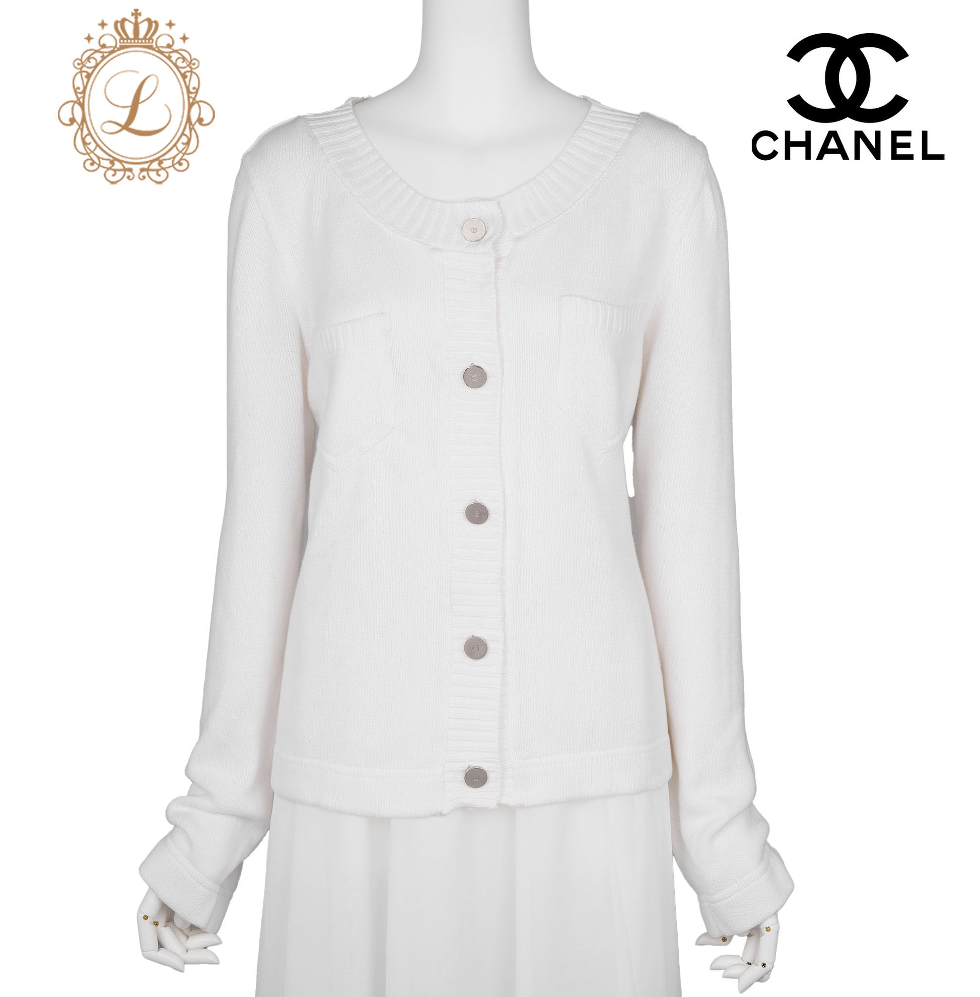 CHANEL Cardigan, Long Sleeve, Knit, Cotton, White, Pre-Owned - Vintage La Charme