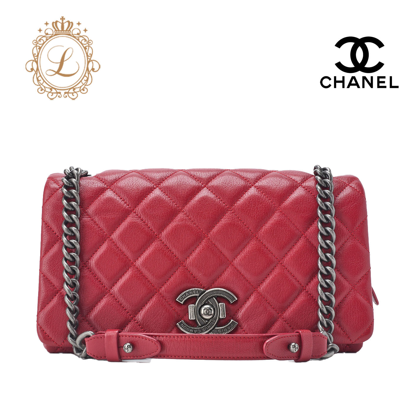 CHANEL Shoulder Bag Matelasse Full Flap Chain Shoulder Caviar Skin Red Silver-Tone Hardware Pre-Owned - Vintage La Charme