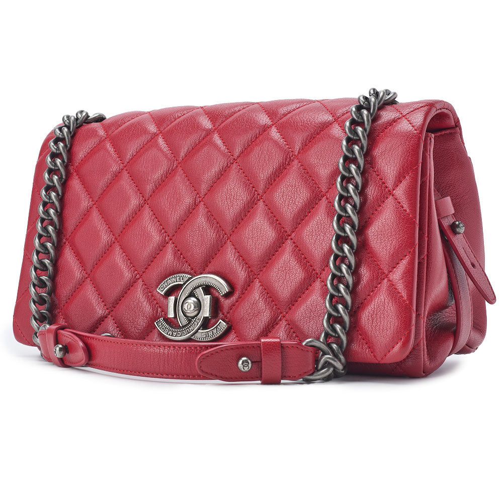 CHANEL Shoulder Bag Matelasse Full Flap Chain Shoulder Caviar Skin Red Silver-Tone Hardware Pre-Owned - Vintage La Charme