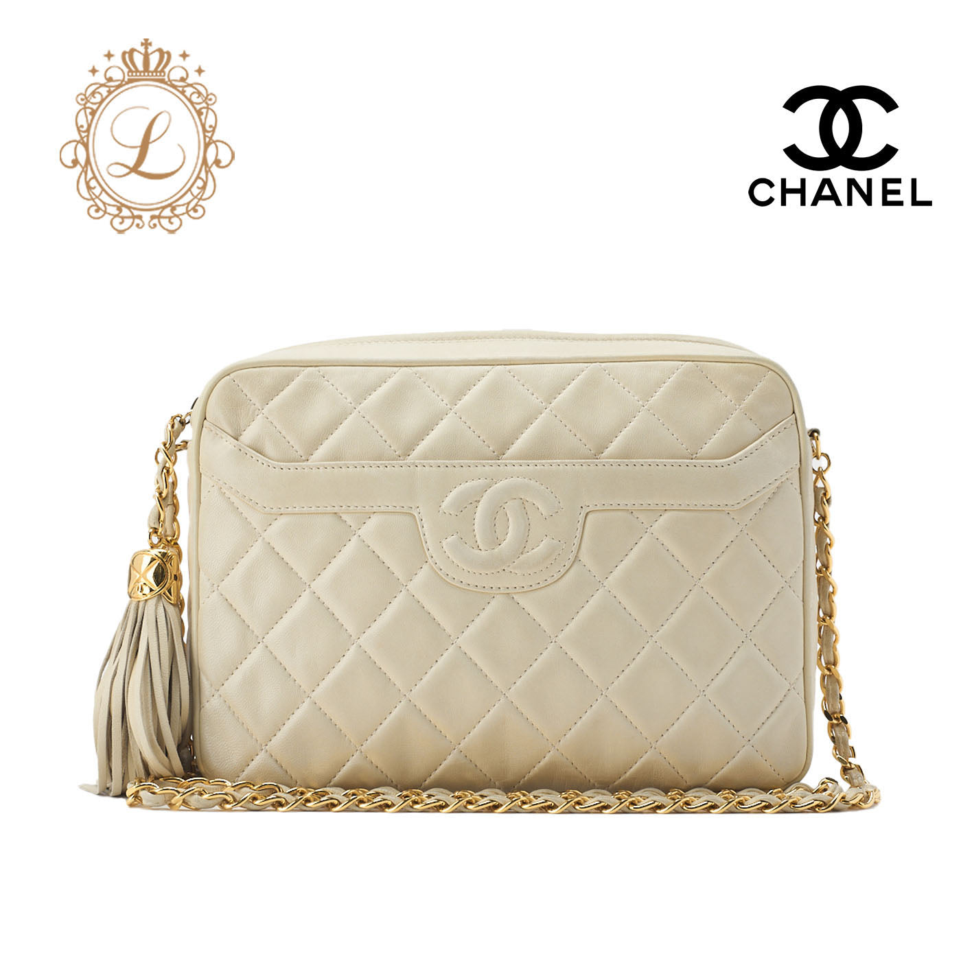 CHANEL Shoulder Bag, Matelasse, Fringe Chain Shoulder, Lambskin, Ivory, Gold-Tone Hardware, Pre-Owned - Vintage La Charme