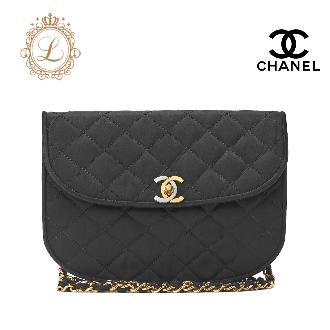 CHANEL Shoulder Bag, Matelasse, Chain Shoulder, Satin, Black, Gold-Tone Hardware, Pre-Owned - Vintage La Charme