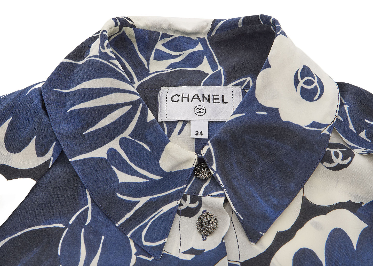 CHANEL Shirt Blouse Long Sleeve Cut-and-Sew 100% Silk Blue Gold-Tone Hardware Pre-Owned - Vintage La Charme