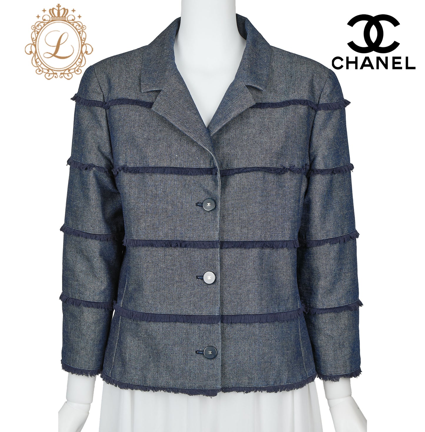 CHANEL Denim Jacket, Coco Button Fringe, Cotton Blend, Blue, Silver-Tone Hardware, Pre-Owned - Vintage La Charme