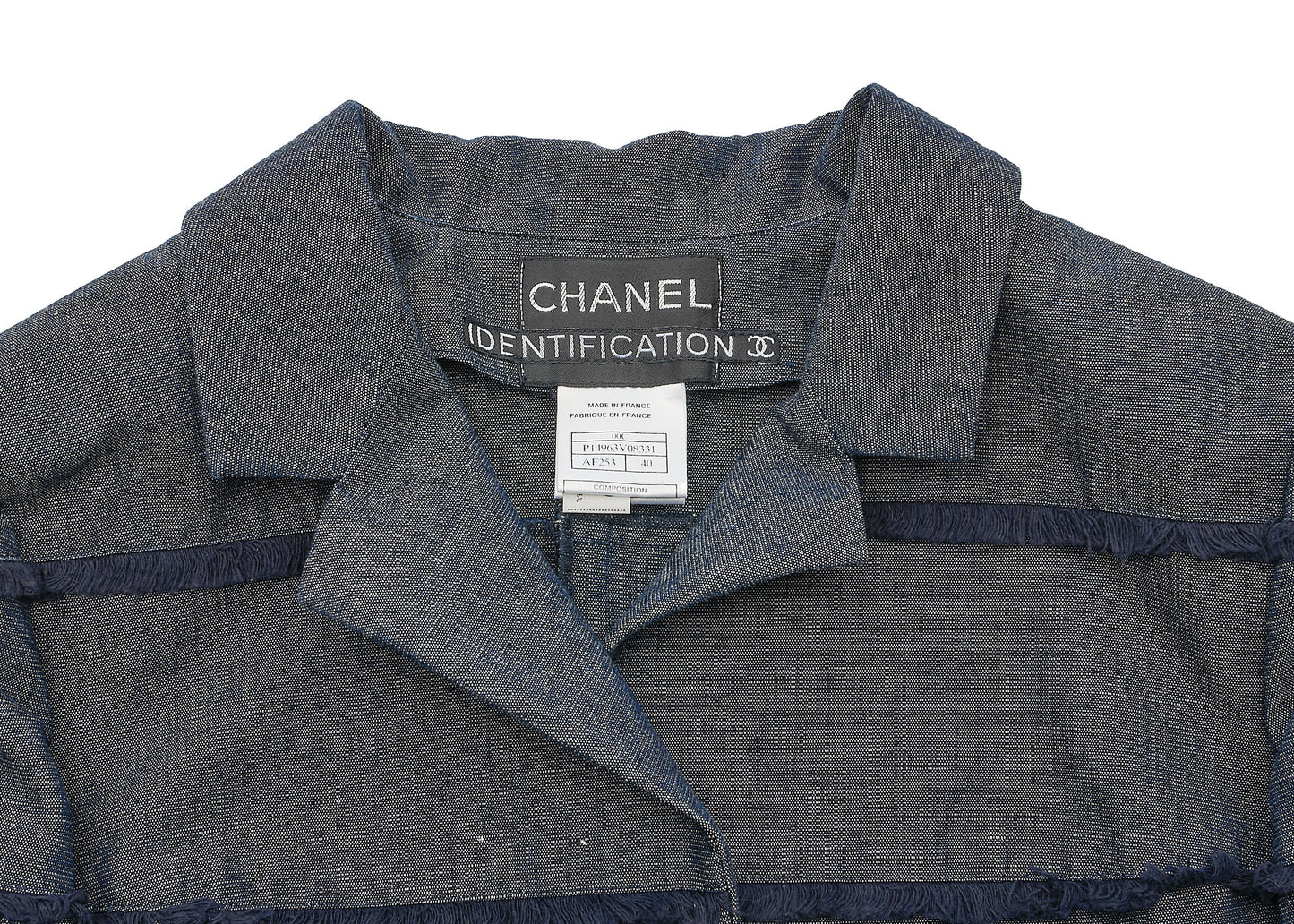 CHANEL Denim Jacket, Coco Button Fringe, Cotton Blend, Blue, Silver-Tone Hardware, Pre-Owned - Vintage La Charme