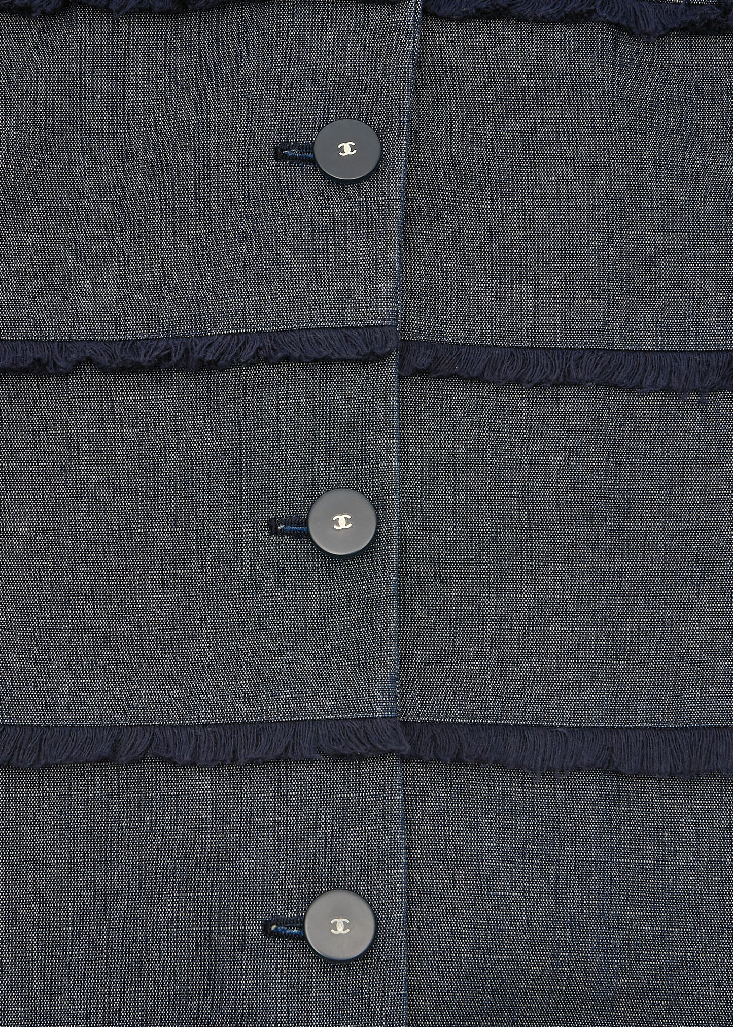 CHANEL Denim Jacket, Coco Button Fringe, Cotton Blend, Blue, Silver-Tone Hardware, Pre-Owned - Vintage La Charme