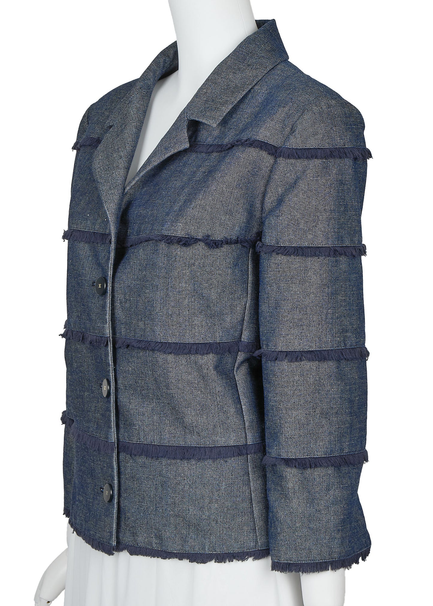 CHANEL Denim Jacket, Coco Button Fringe, Cotton Blend, Blue, Silver-Tone Hardware, Pre-Owned - Vintage La Charme