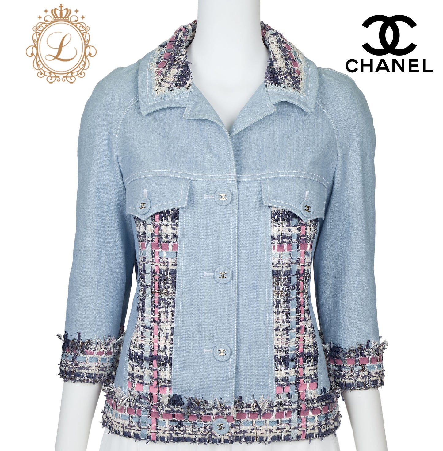 Chanel Jacket, Long Sleeve, Tweed Denim, Cotton, Blue, Gold-Tone Hardware, Pre-Owned - Vintage La Charme