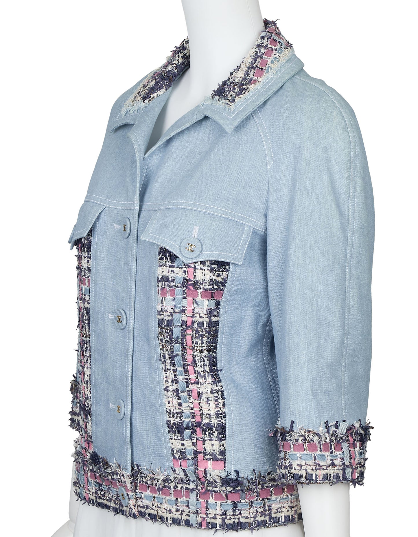 Chanel Jacket, Long Sleeve, Tweed Denim, Cotton, Blue, Gold-Tone Hardware, Pre-Owned - Vintage La Charme